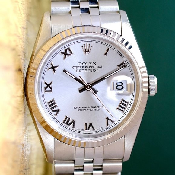 ROLEX DATEJUST UNISEX WATCH 36 MM SILVER ROMAN DIAL STEEL FLUTED JUBILEE 16234 - Picture 9 of 11
